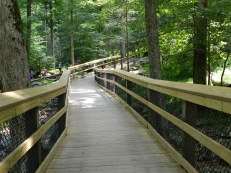 The rocky path leads to a smooth boardwalk for the end of the walk. With a bench at the very end.