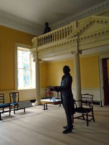 Molly Ridout in the gallery hangs on George Washington's every word. She would report what she saw and heard that day in a letter on display here.